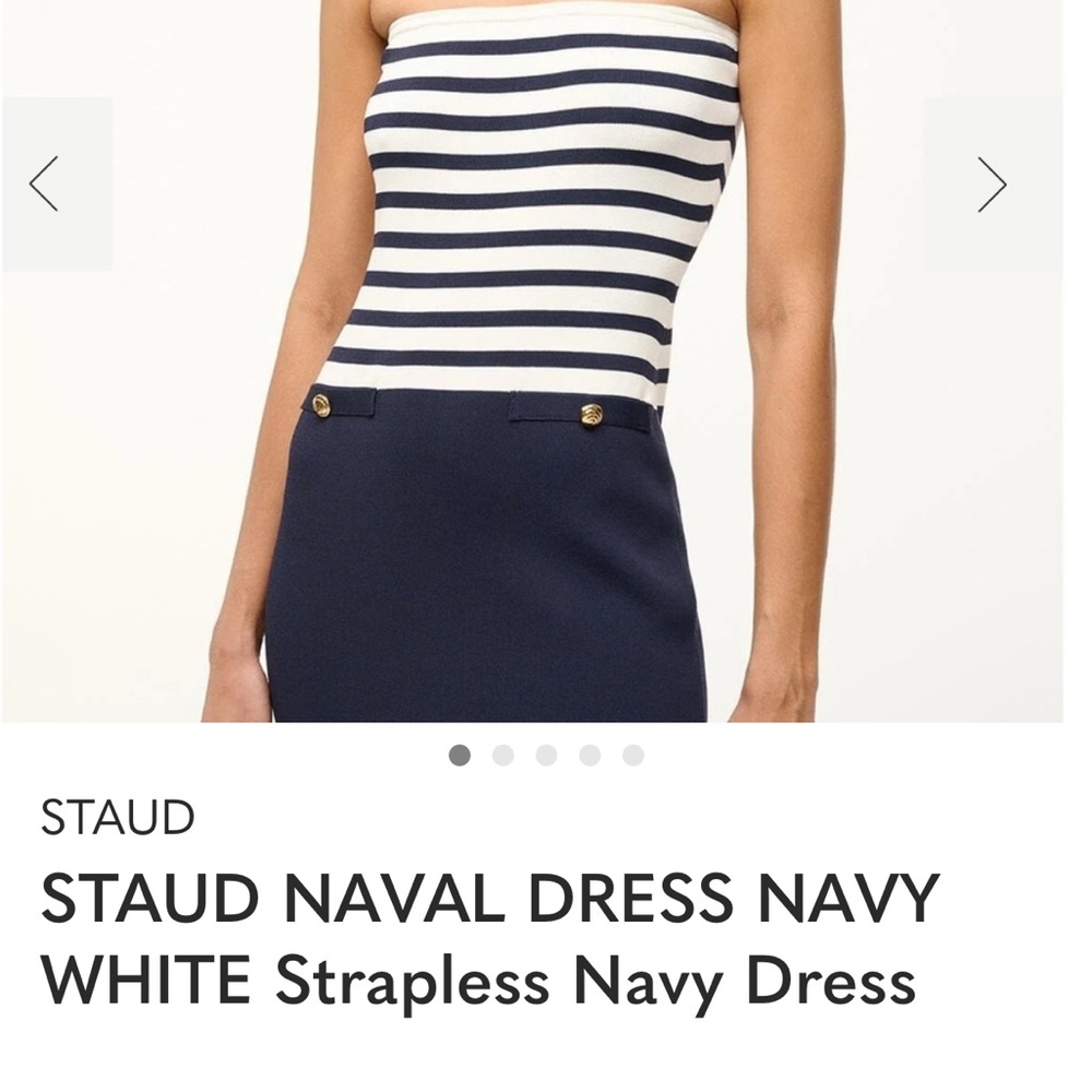 STAUD Strapless Dress in Navy and White Stripes
